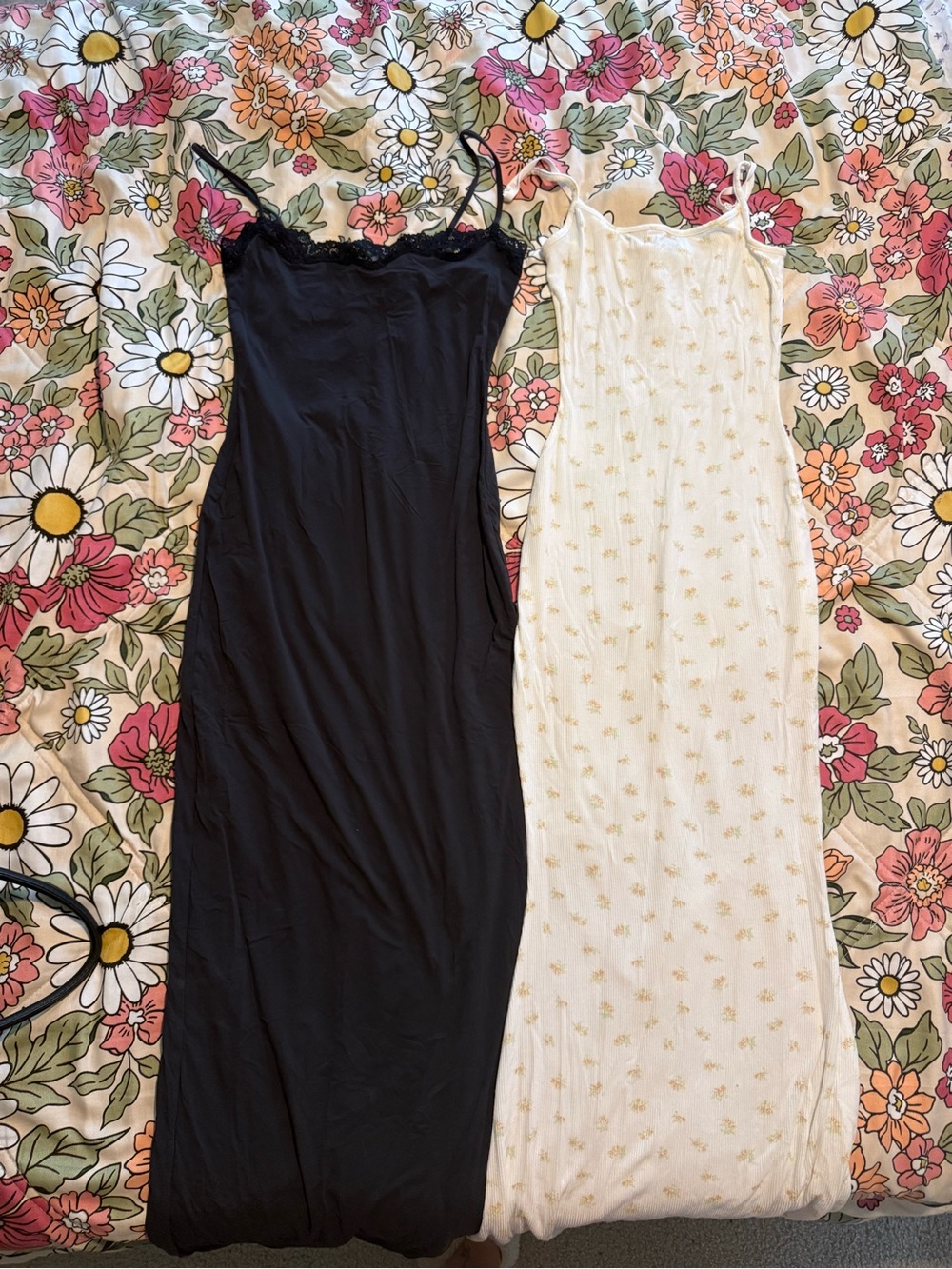 SKIMS Black Lace-Trim Slip Maxi & SKIMS Cream Floral Slip MaxiSkins for two